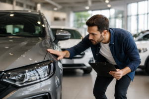 Persona inspeccionando un carro usado antes de realizar una compra en un concesionario de vehículos seminuevos.